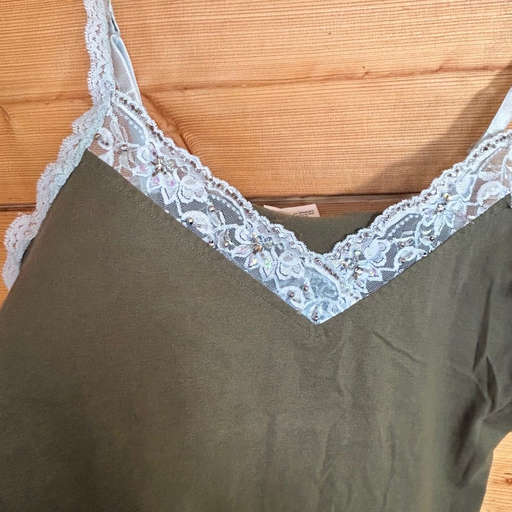 Vintage Cotton Olive Green Camisole Womens Small Lace Beaded Tank Top Jessica - Picture 3 of 8